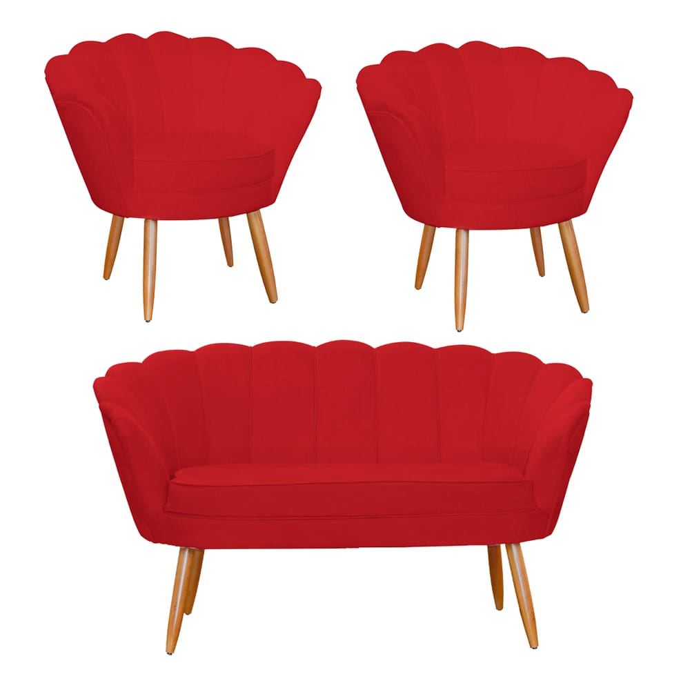 Combo Pétala Namoradeira e 2 Poltronas Decorativa Estofada Suede Vermelho - LM DECOR