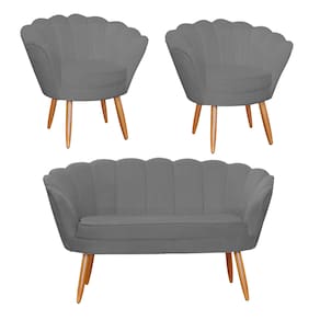 Combo Pétala Namoradeira e 2 Poltronas Decorativa Estofada Suede Cinza - LM DECOR