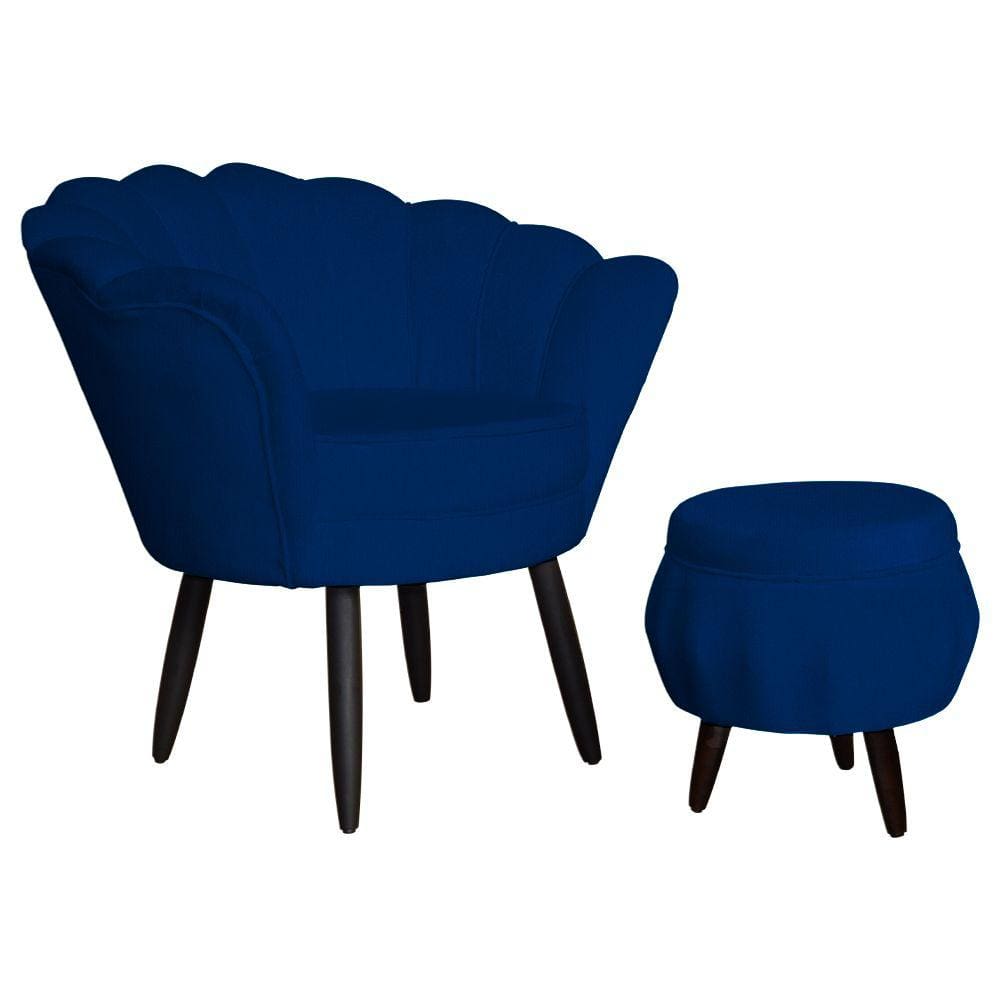 Kit 1 Poltrona Com 1 Puff Pés Palito Salão de Beleza Pétala Suede Azul Marinho - LM DECOR