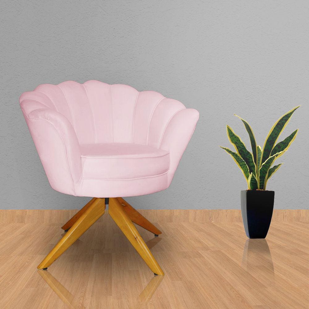 Poltrona Para Escritório Com Base Giratória de Madeira Pétala Suede Rosa Bebe - LM DECOR