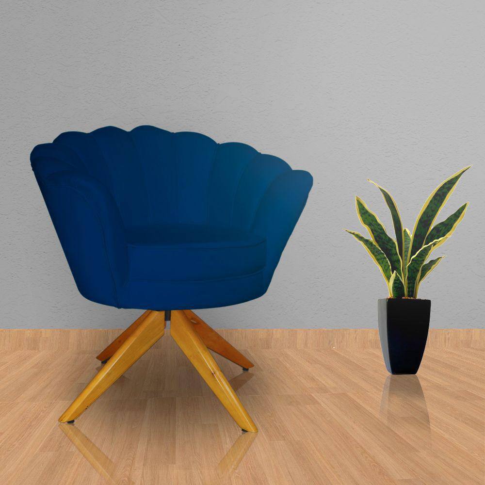 Poltrona Para Escritório Com Base Giratória de Madeira Pétala Suede Azul Marinho - LM DECOR