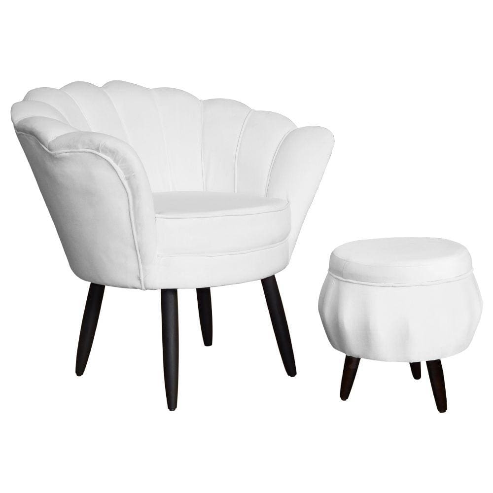 Jogo Poltrona Estofada Com 1 Puff Pés Palito Clínica Pétala Suede Branco - LM DECOR