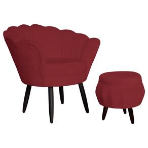 Combo Poltrona Decorativa E Puff Para Recepção Pétala Suede Vermelho Bordo - LM DECOR