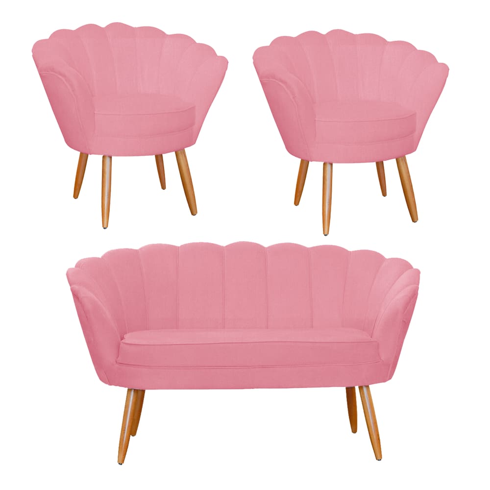 Combo Pétala Namoradeira e 2 Poltronas Decorativa Estofada Suede Rosa Barbie - LM DECOR