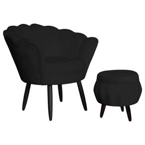 Combo Poltrona Decorativa E Puff Para Recepção Pétala Suede Preto - LM DECOR