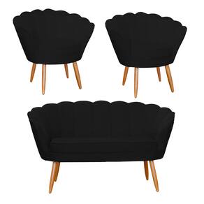 Jogo Pétala Namoradeira e 2 Poltronas Estofada Para Recepção Suede Preto - LM DECOR