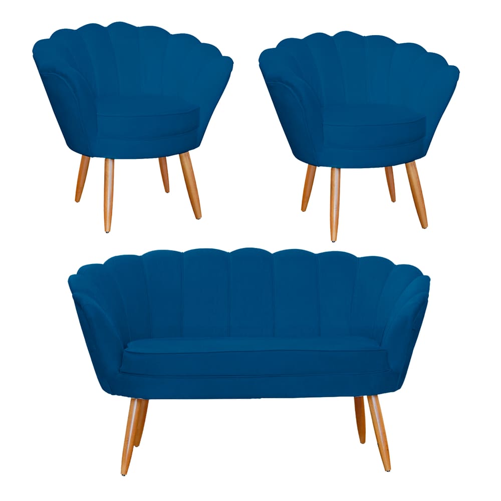 Jogo Pétala Namoradeira e 2 Poltronas Estofada Para Recepção Suede Azul Royal - LM DECOR