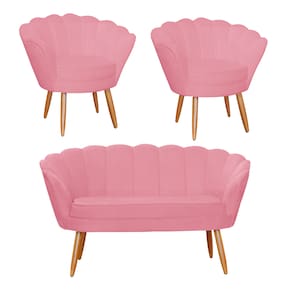 Conjunto Pétala Namoradeira e 2 Poltronas Para Sala de Estar Suede Rosa Barbie - LM DECOR