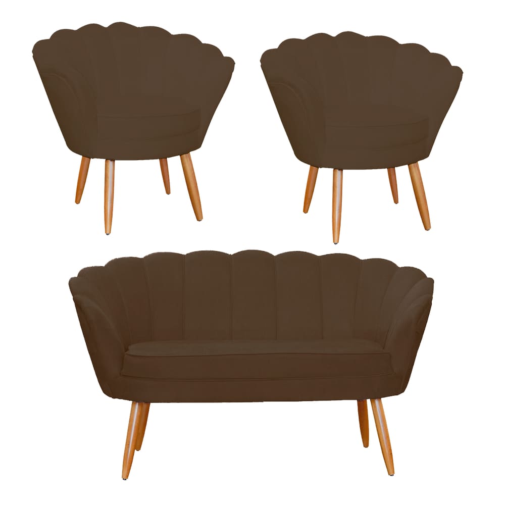 Combo Pétala Namoradeira e 2 Poltronas Decorativa Estofada Suede Marrom - LM DECOR