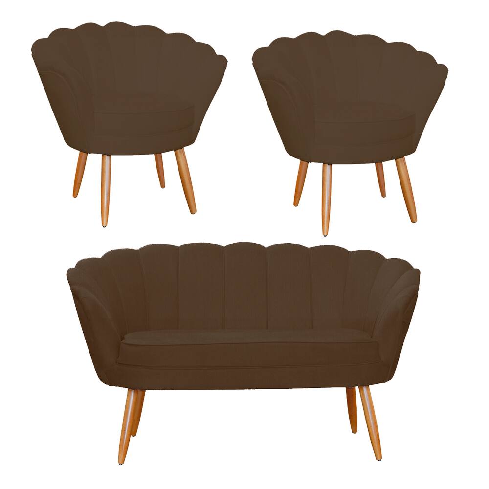 Jogo Pétala Namoradeira e 2 Poltronas Estofada Para Recepção Suede Marrom - LM DECOR