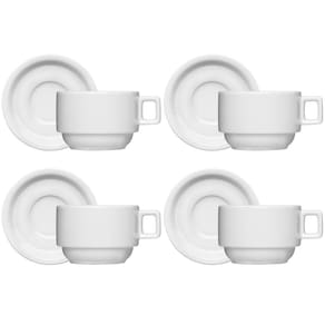 Jogo 4 Xícaras de Café Chá com Pires 100ml Bar Hotel Germer em Porcelana Branca