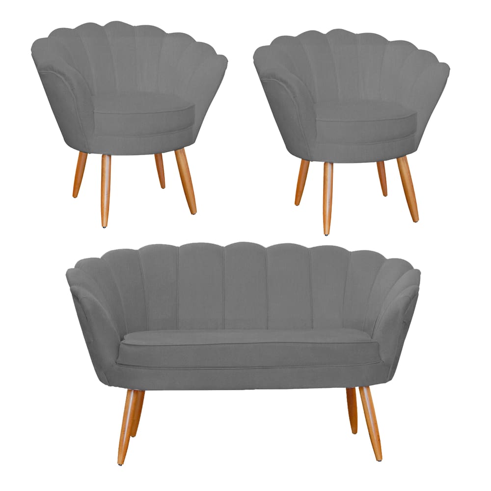 Jogo Pétala Namoradeira e 2 Poltronas Estofada Para Recepção Suede Cinza - LM DECOR
