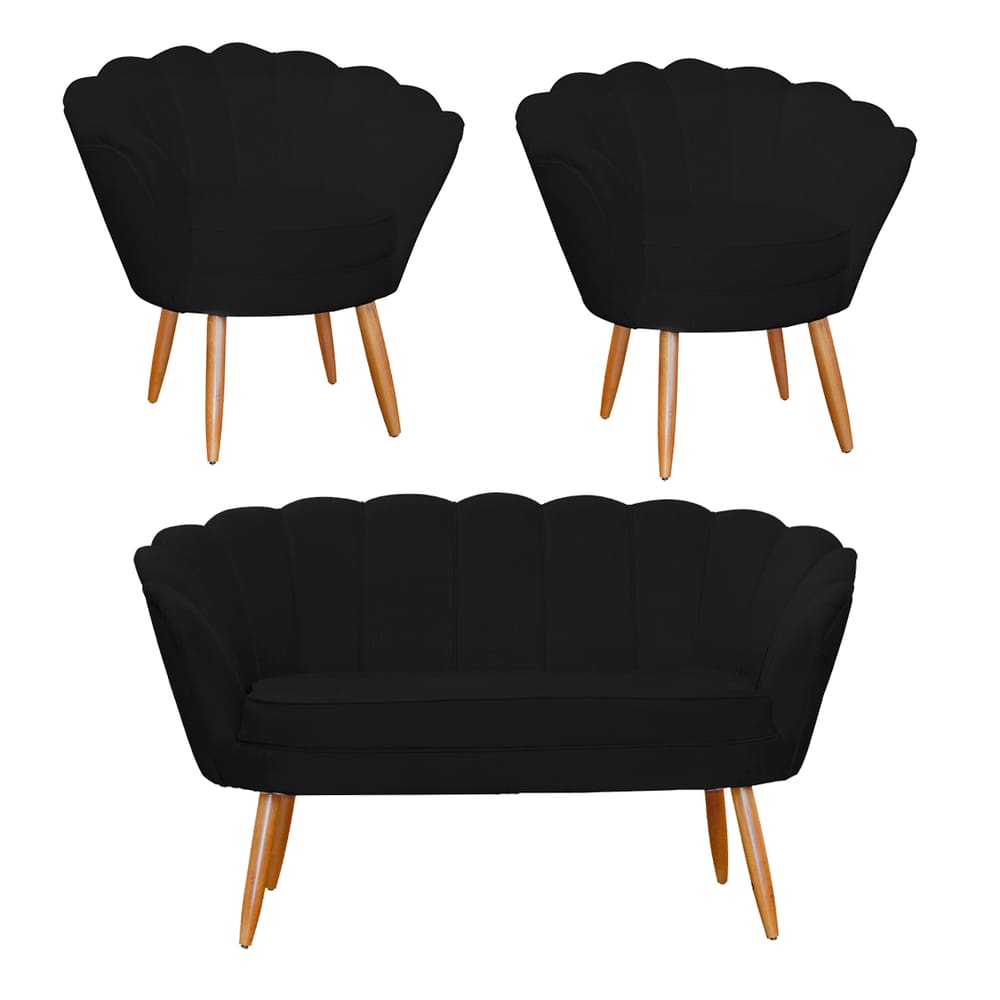 Conjunto Pétala Namoradeira e 2 Poltronas Para Sala de Estar Suede Preto - LM DECOR