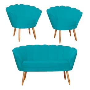 Jogo Pétala Namoradeira e 2 Poltronas Estofada Para Recepção Suede Azul Turquesa - LM DECOR