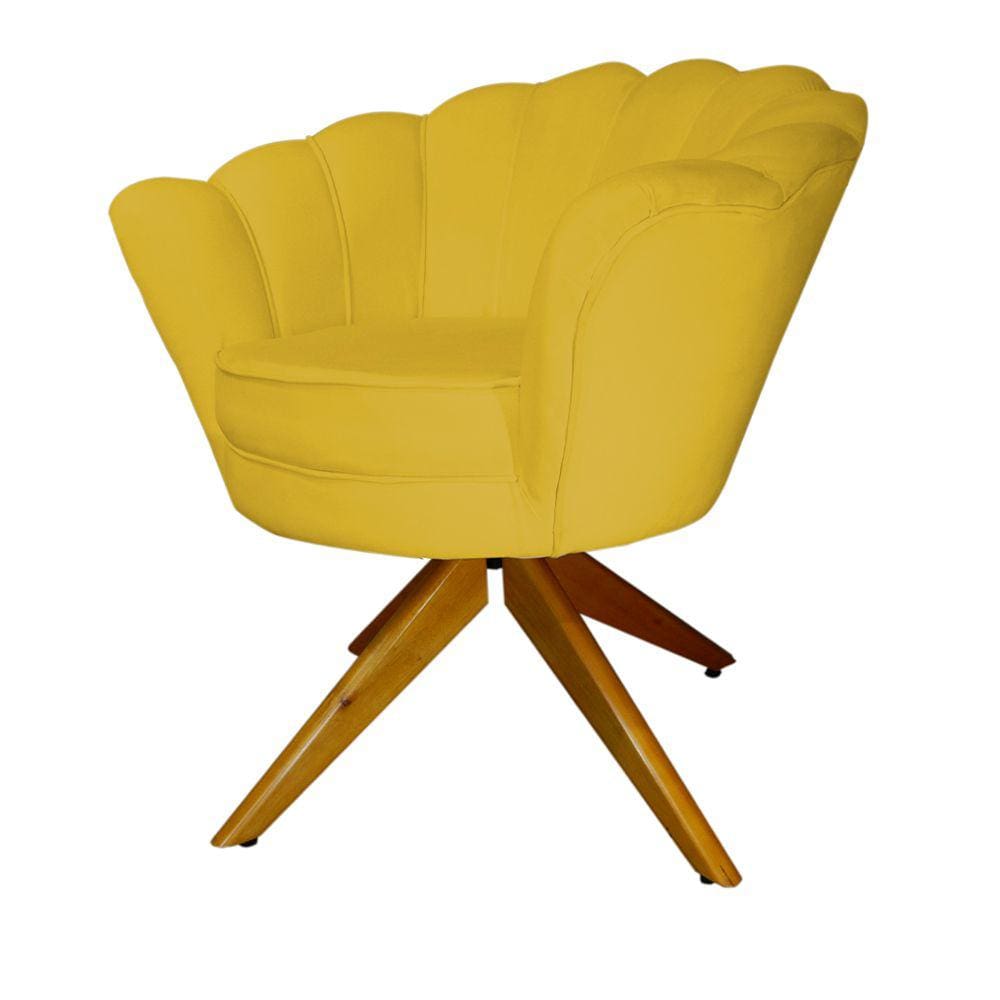 Kit 2 Poltronas Estofada Com Base Giratória de Madeira Pétala Veludo Mostarda - LM DECOR