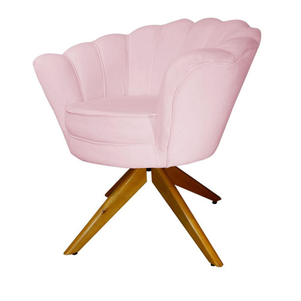 Combo 2 Poltronas Decorativa Com Base Giratória de Madeira Pétala Suede Rosa Bebe - LM DECOR
