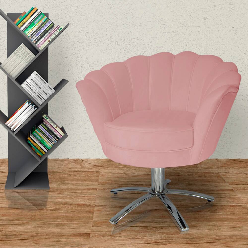 Poltrona Estofada Hall de Entrada Base Giratória de Metal Pétala Veludo Rosa Nude - LM DECOR