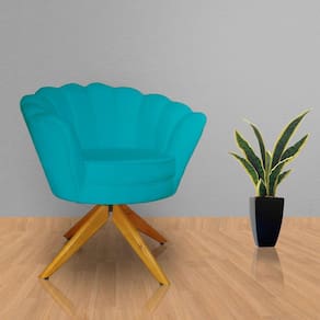 Poltrona Estofada Sala de Estar Base Giratória de Madeira Pétala Suede Azul Turquesa - LM DECOR