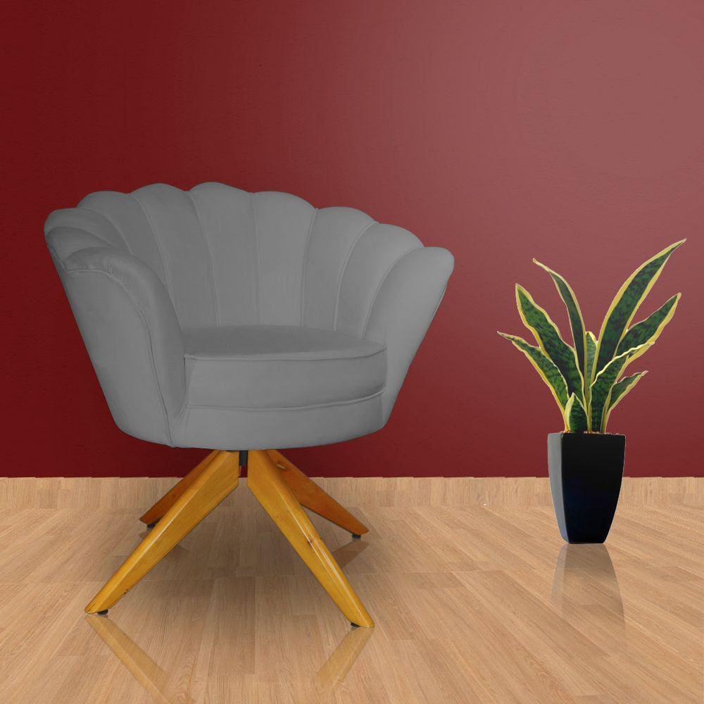Poltrona Para Escritório Com Base Giratória de Madeira Pétala Suede Cinza - LM DECOR