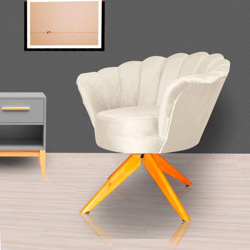 Poltrona Decorativa Estofada Base Giratória de Madeira Pétala Veludo Bege - LM DECOR