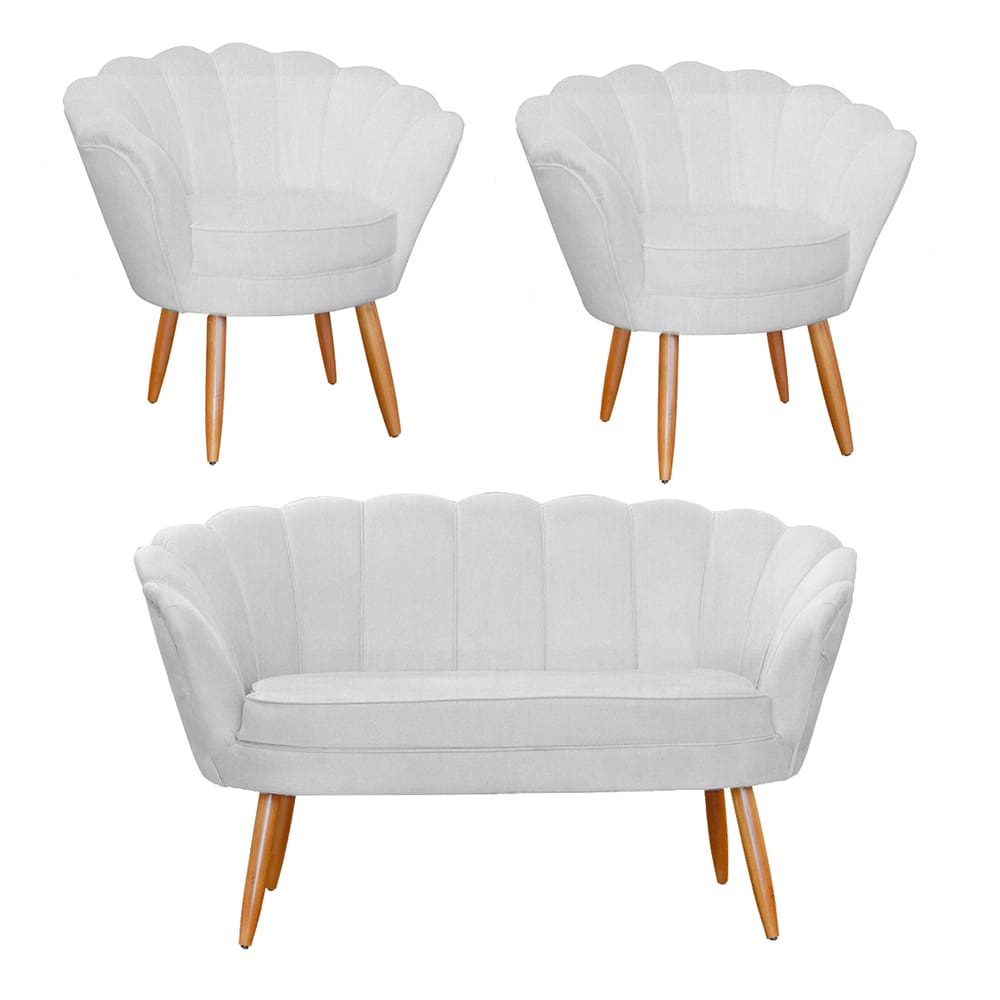 Combo Pétala Namoradeira e 2 Poltronas Decorativa Estofada Suede Branco - LM DECOR