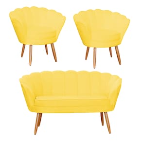 Conjunto Pétala Namoradeira e 2 Poltronas Para Sala de Estar Suede Amarelo - LM DECOR