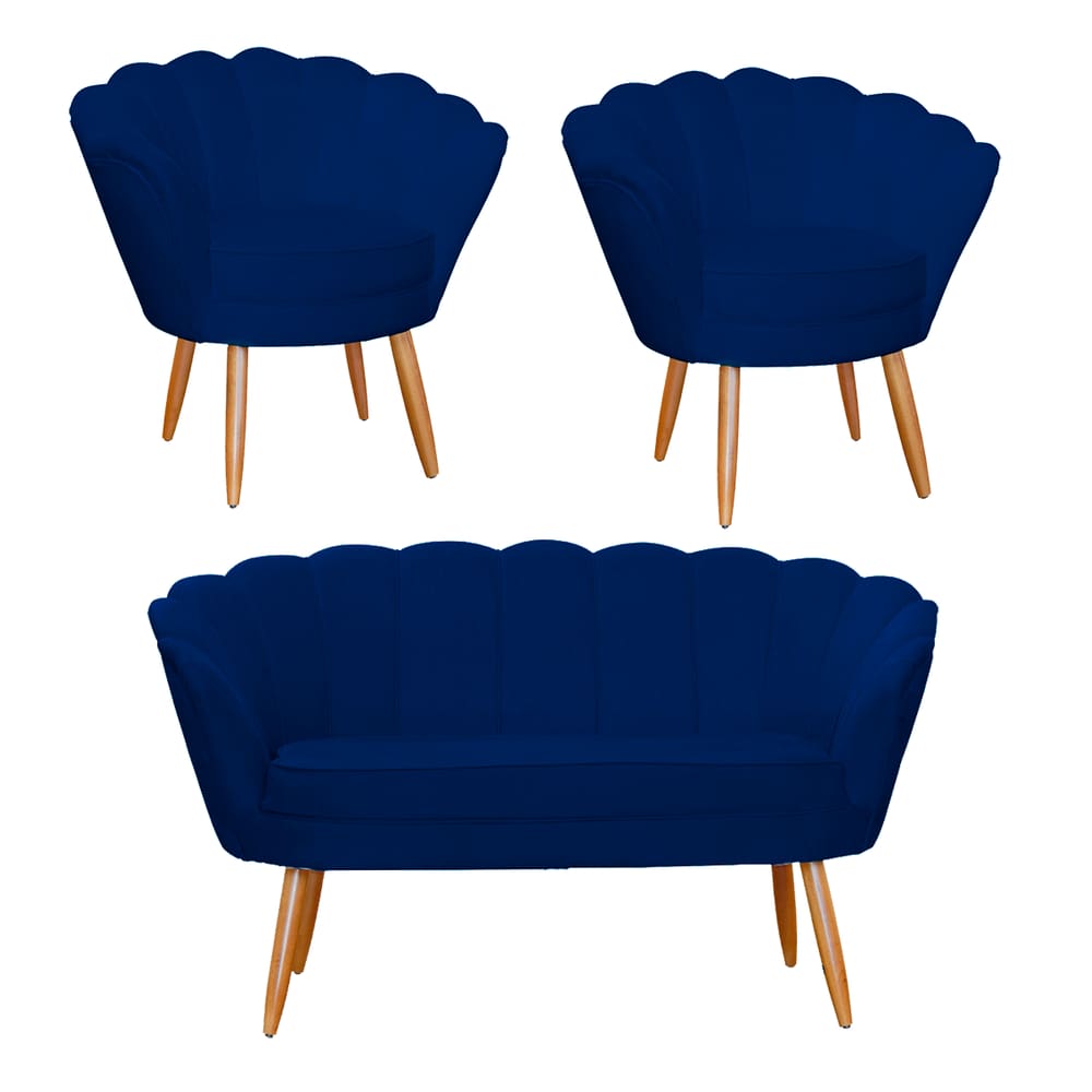 Conjunto Pétala Namoradeira e 2 Poltronas Para Sala de Estar Suede Azul Marinho - LM DECOR