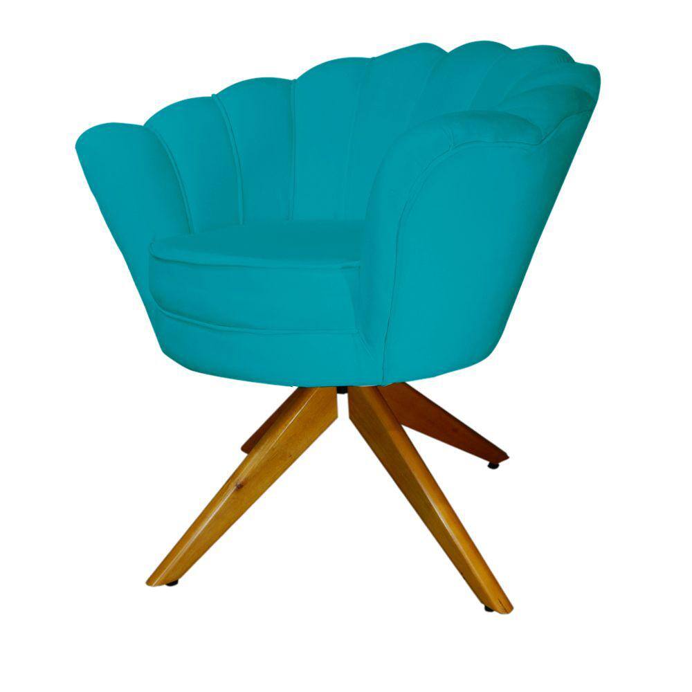 Combo 2 Poltronas Decorativa Com Base Giratória de Madeira Pétala Veludo Azul Turquesa - LM DECOR