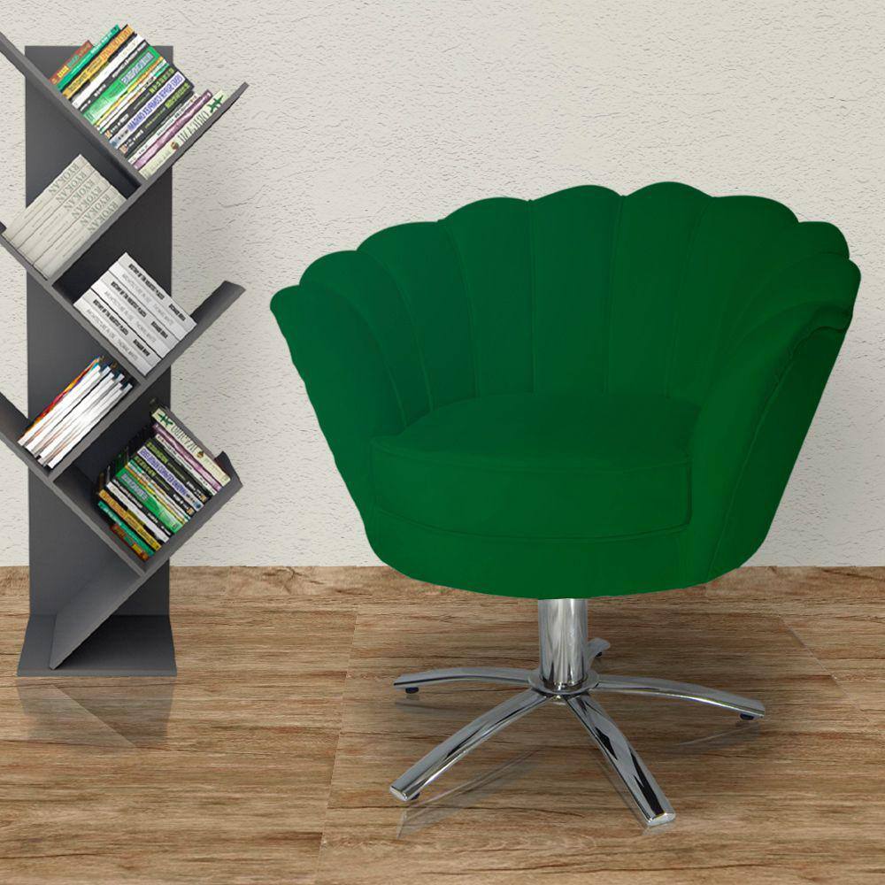 Poltrona Para Sala de Estar Com Base Giratória de Metal Pétala Veludo Verde - LM DECOR