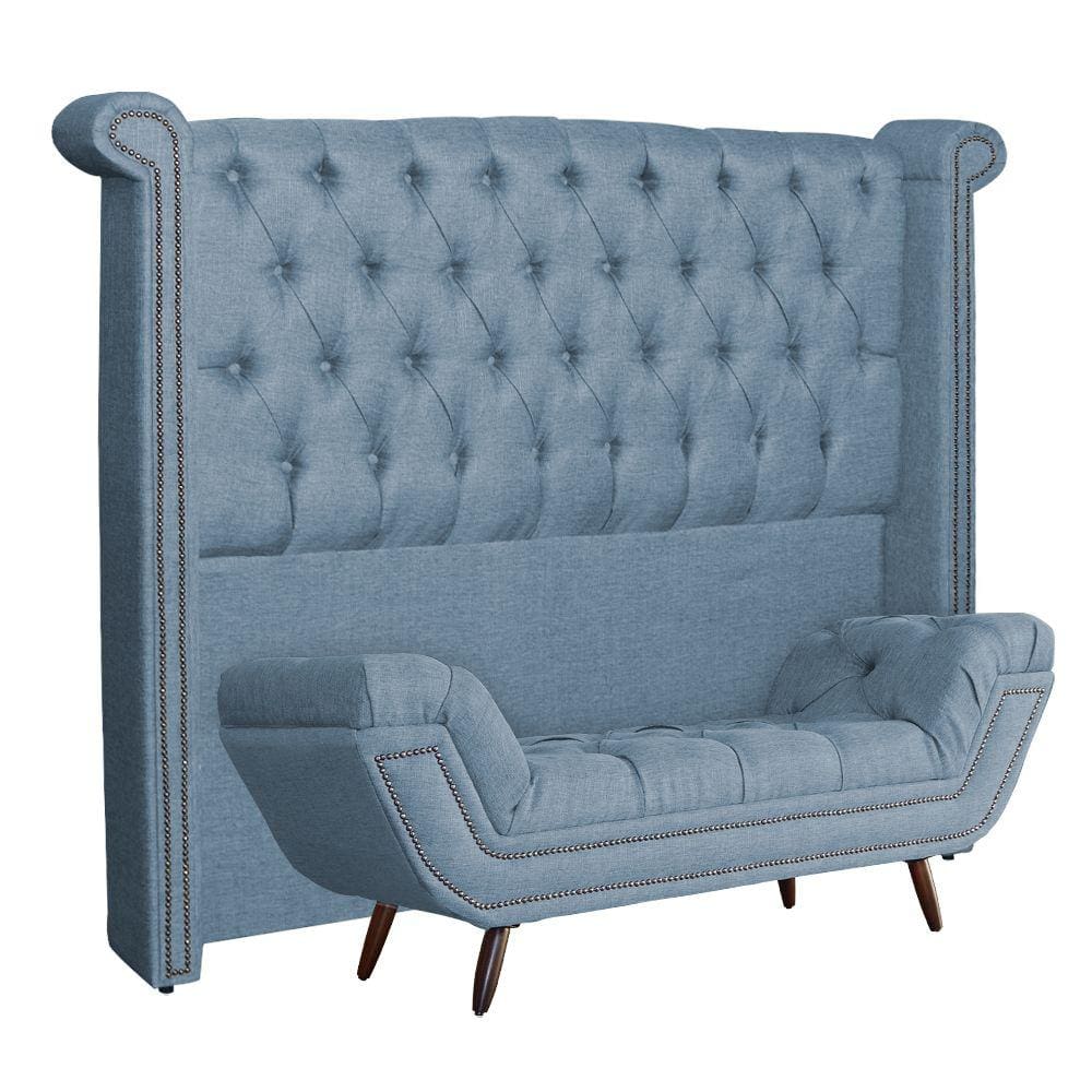 Conjunto Sienna Cabeceira e Recamier Queen 160 Cm Linho Azul - LM DECOR