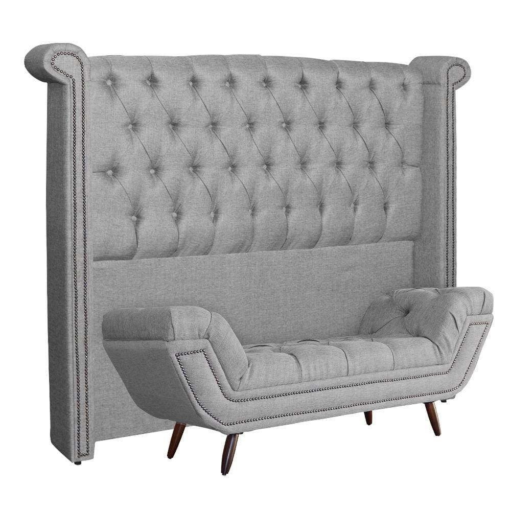 Conjunto Sienna Cabeceira e Recamier Queen 160 Cm Linho Cinza - LM DECOR