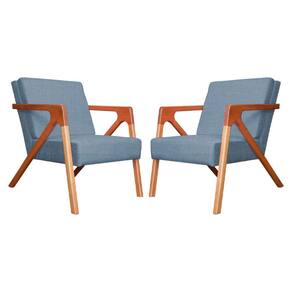 Conjunto 2 Poltronas Monalisa Com Braços de Madeira Linho Azul - LM DECOR