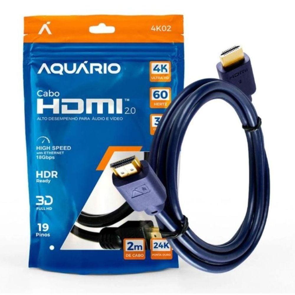 Cabo Hdmi Aquário 2.0 4K 3D 19 Pinos - 2 Metros 4K02