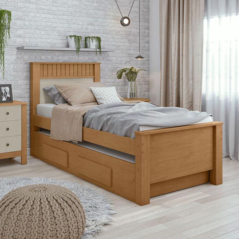 Cama Solteiro Ambiente Athenas com Auxiliar Amêndoa Clean Off White Flex - Lopas