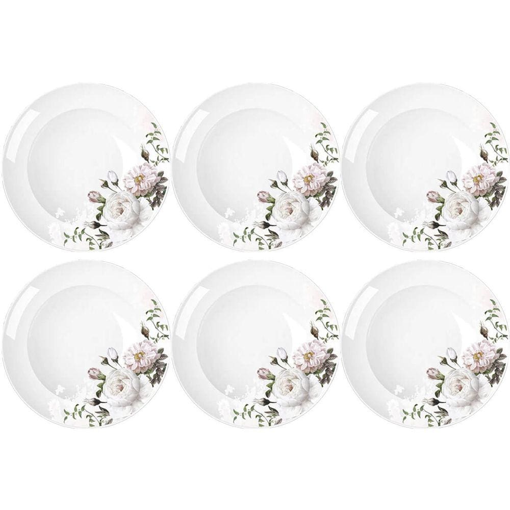 Jogo 6 Pratos de Porcelana com Estampa Floral Germer Fundos Redondos 23cm Garden