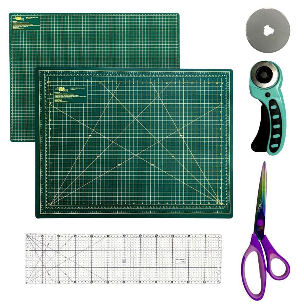 Kit Base de Corte Grande Placa Apoio para Mesa A1 60x90cm Tesoura de Titânio Régua de Acrílico15x60 Cortador de Tecido 45mm
