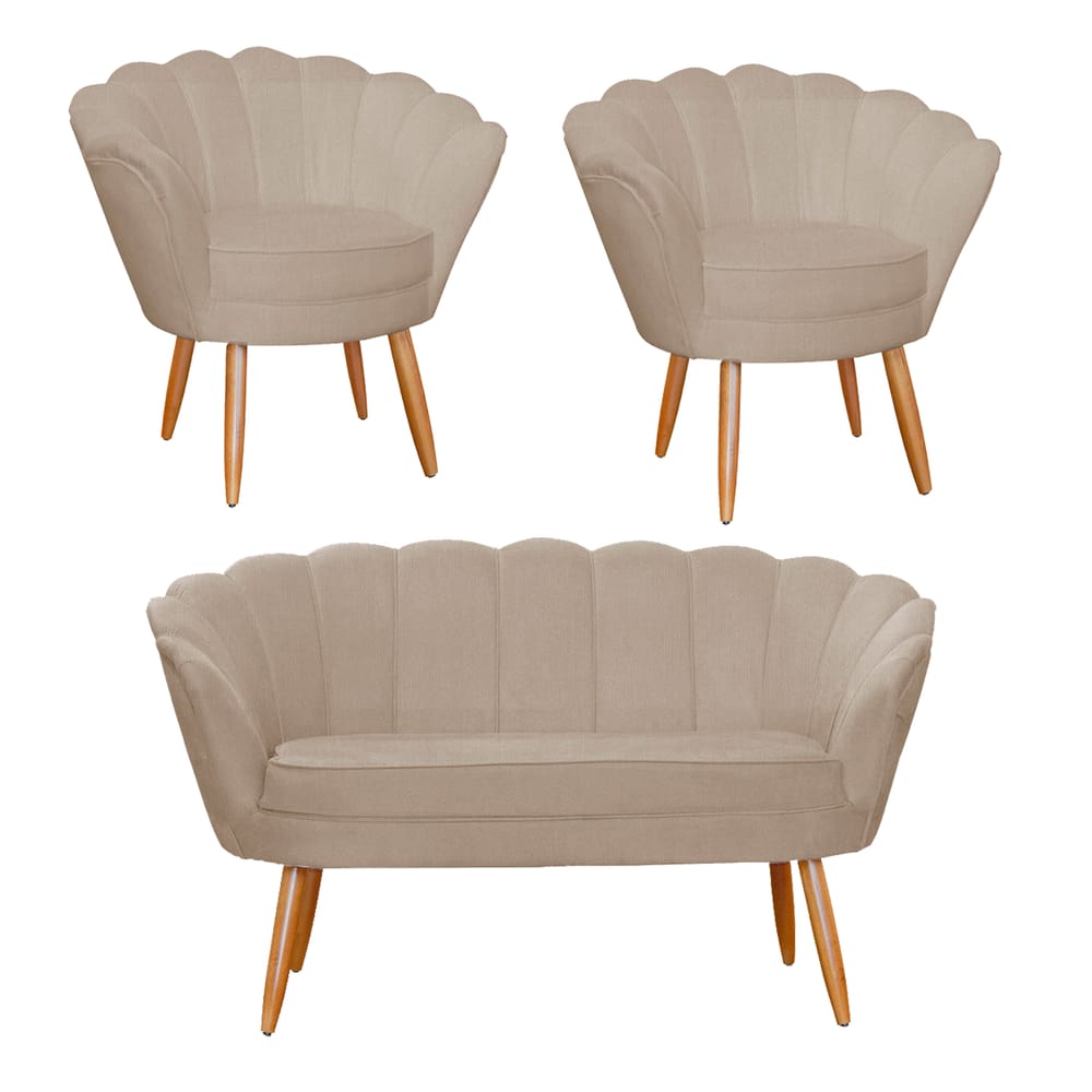 Conjunto Pétala Namoradeira e 2 Poltronas Para Sala de Estar Suede Cappuccino - LM DECOR