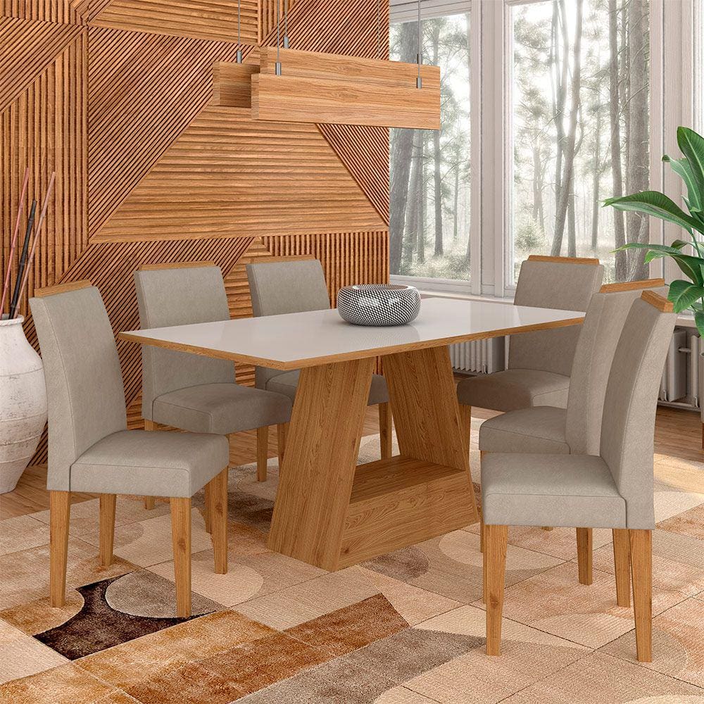 Mesa Com 6 Cadeiras Pierre 1,60 Cina/off White/bege - Móveis Arapongas