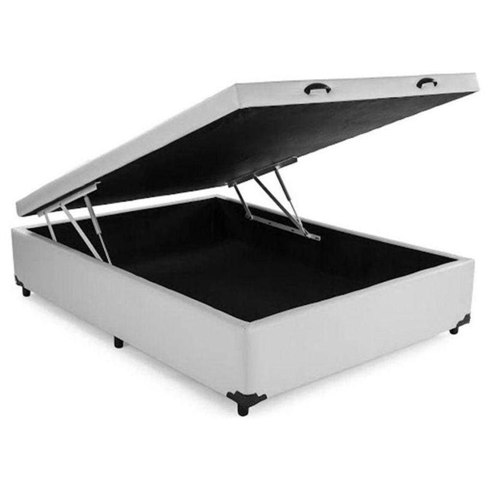 Base Cama Box Com Baú Blindado Casal Couro Sintético Branco 43x138x188