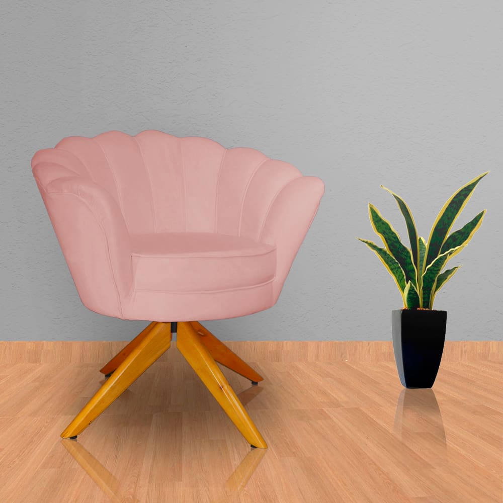Poltrona Estofada Sala de Estar Base Giratória de Madeira Pétala Veludo Rosa Nude - LM DECOR