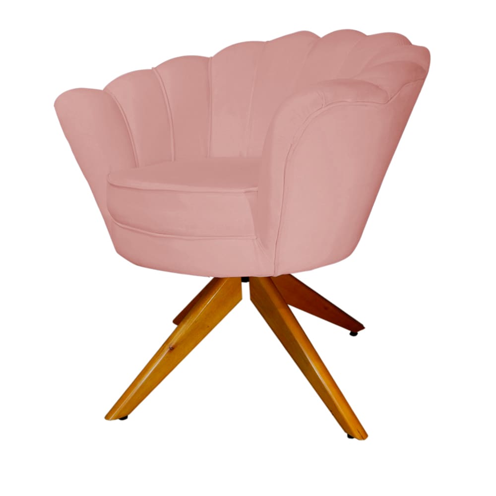 Kit 2 Poltronas Estofada Com Base Giratória de Madeira Pétala Veludo Rosa Nude - LM DECOR