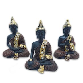 Trio de Budas Tailandeses Meditando Yoga Preto Marrom 12 cm