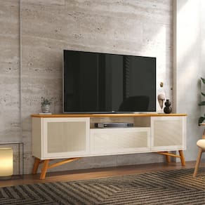 Rack Para Tv Até 75" 3 Portas Com Pés Em Madeira Maciça Rattan 178cm Offwhite/cedro