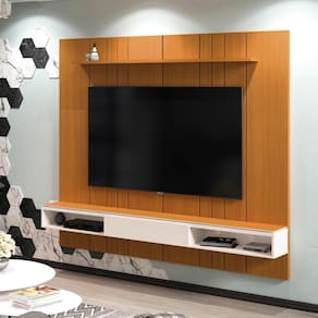 Painel Para Tv Até 75" Ripado 1 Prateleira Croácia 220cm Cor:offwhite E Cedro Offwhite E Cedro