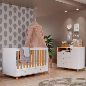 Quarto Infantil Berço sem Colchão + Comoda Branco/Nature - Permóbili Baby
