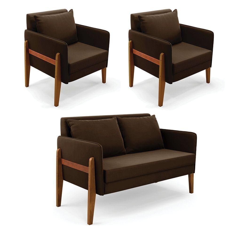 Kit 1 Sofá Namoradeira E 2 Poltronas Lana Suede Base De Madeira - D`rossi Cor Marrom