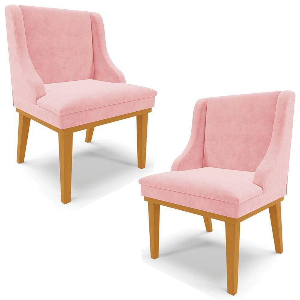 Kit 2 Cadeiras Decorativas Sala De Jantar Base Fixa De Madeira Firenze Suede Rosa Bebê/castanho