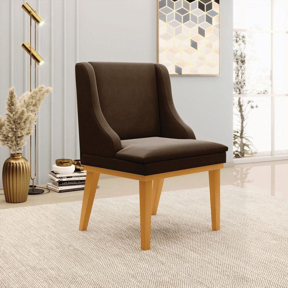 Cadeira Decorativa Sala De Jantar Base Fixa De Madeira Firenze Suede Marrom/castanho G19 - Gran Belo