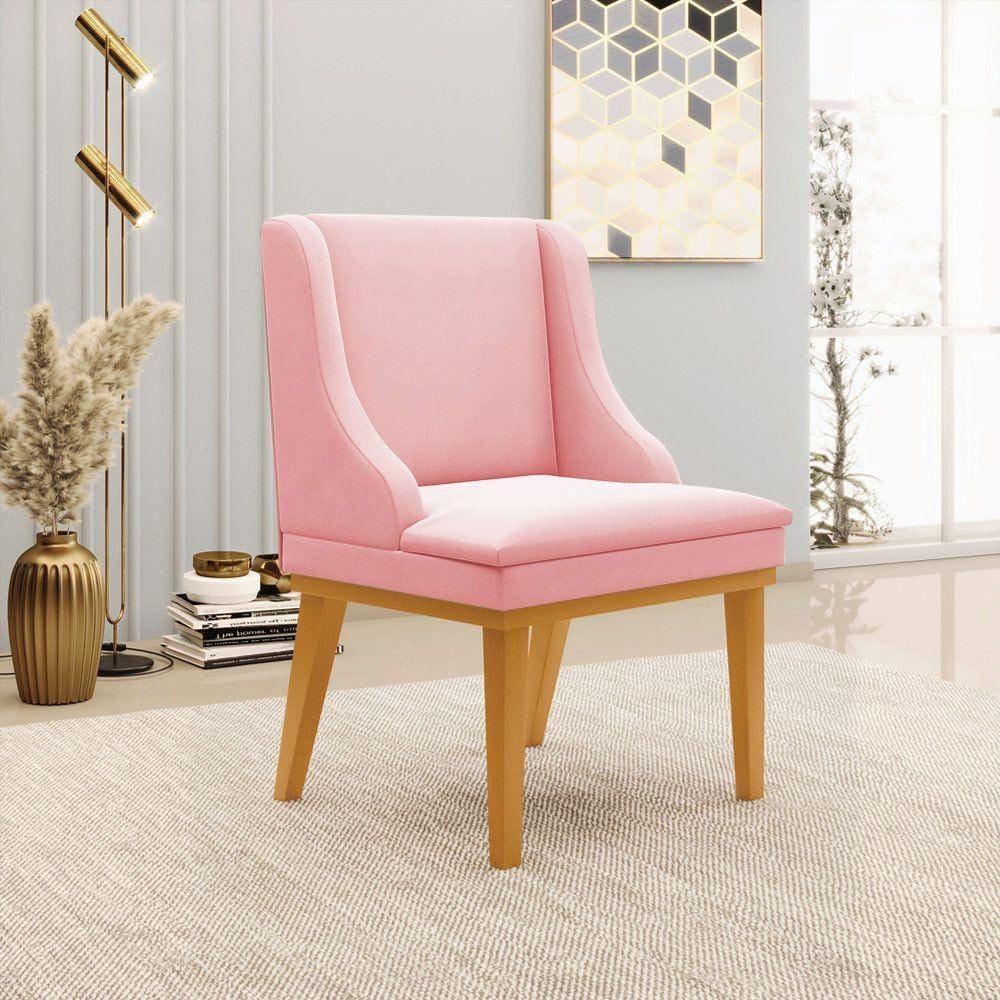 Cadeira Decorativa Sala De Jantar Base Fixa De Madeira Firenze Suede Rosa Bebê/castanho