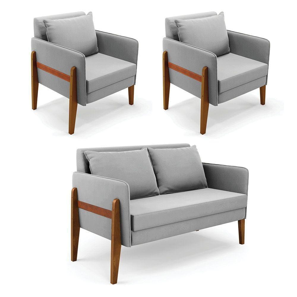 Kit 1 Sofá Namoradeira E 2 Poltronas Lana Suede Cinza Base De Madeira - D`rossi